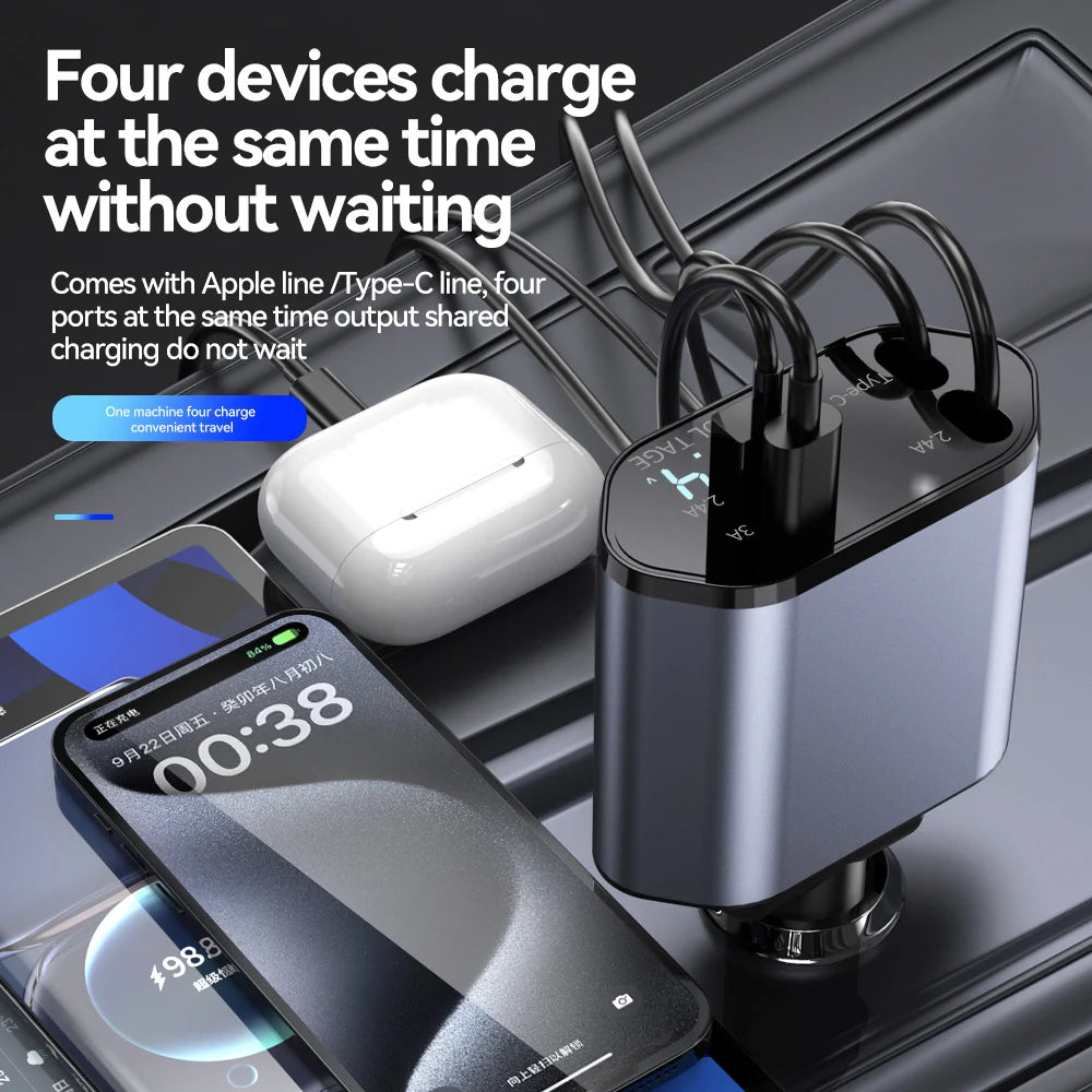 120W Car Charger Car Super Fast Charge Flash Charging, Telescopic Cable Four-In-One Point Smoker Car Charging