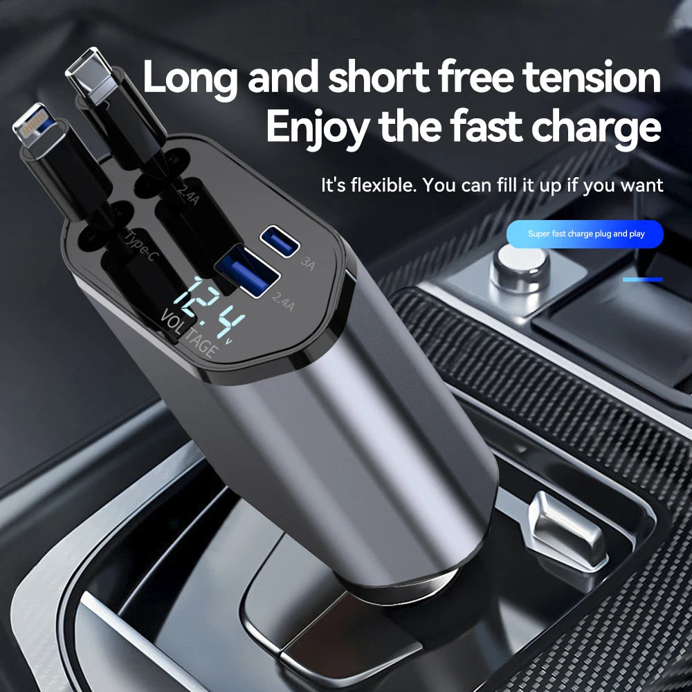 120W Car Charger Car Super Fast Charge Flash Charging, Telescopic Cable Four-In-One Point Smoker Car Charging